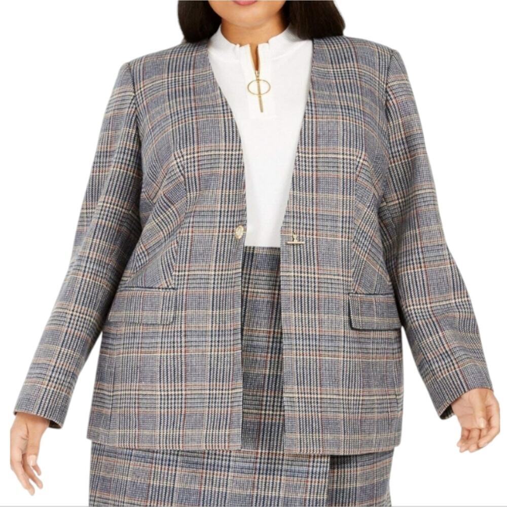 Calvin Klein Plaid Tweed Academia Faux Pocket Blazer Jacket Plus Size‎ 24 W New!
